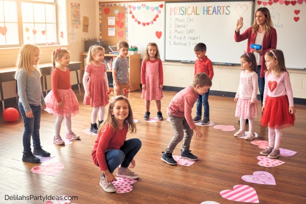 children in a classroom with teacher playing musical hearts valentine game