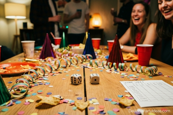 table littered with party confetti and hats, 2 dice, score sheet, friends having fun