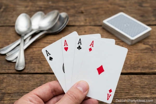 Hand holding 4 aces cards, spoons and deck of cards on the table