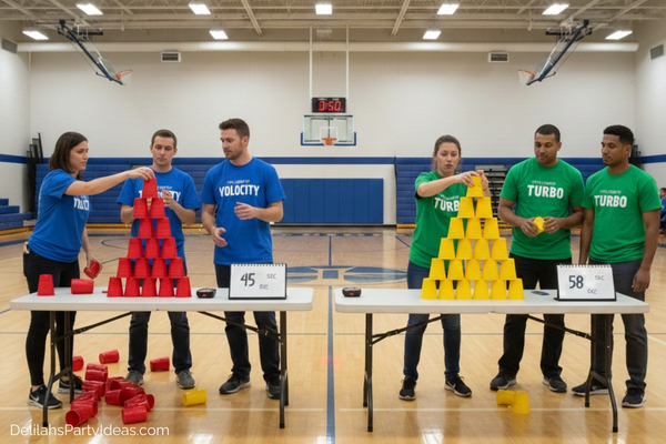 2 teams building pyramid from plastic cups for a stack attack game