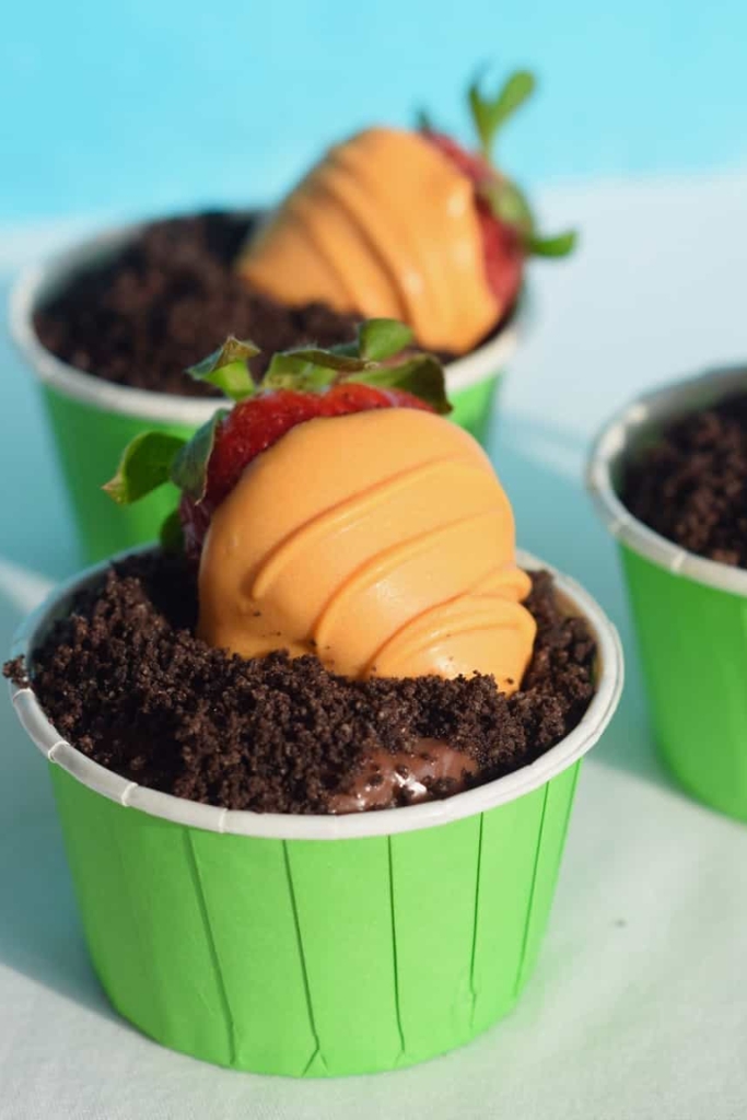 Chocolate Covered Strawberry Carrots in Dirt Cups