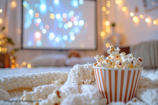 Movie night with popcorn at home