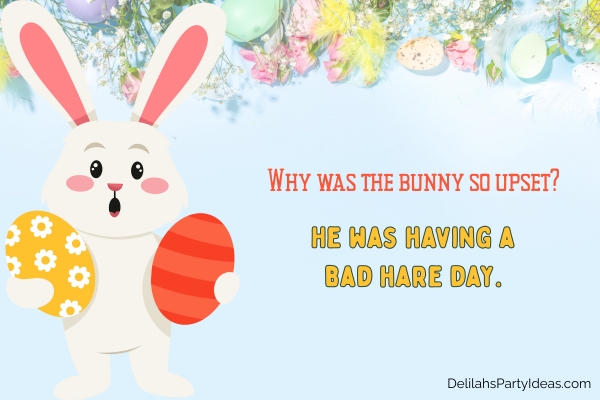 Illustration of a bunny holding Easter eggs on floral background with joke overlay