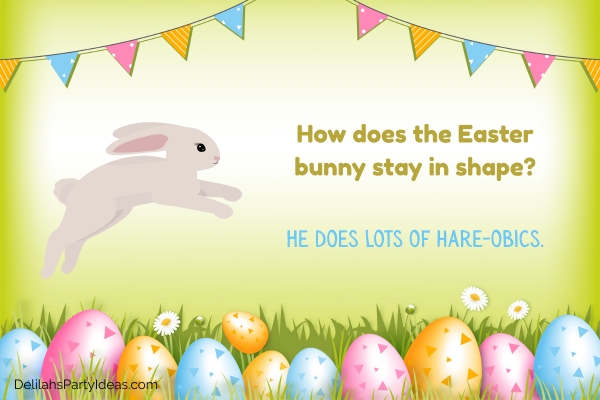 Illustration of a jumping bunny on Easter party decoration background, with joke overlay