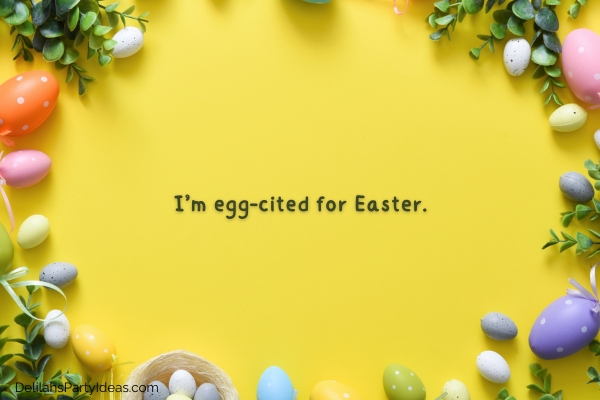 Easter eggs and plants border on bright yellow background with pun overlay