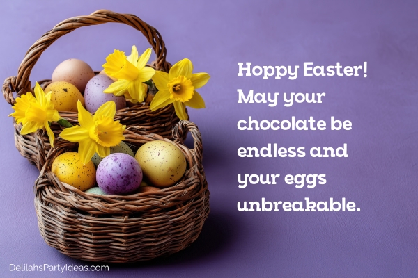 Basket of Easter eggs with flowers, with one-liner overlay