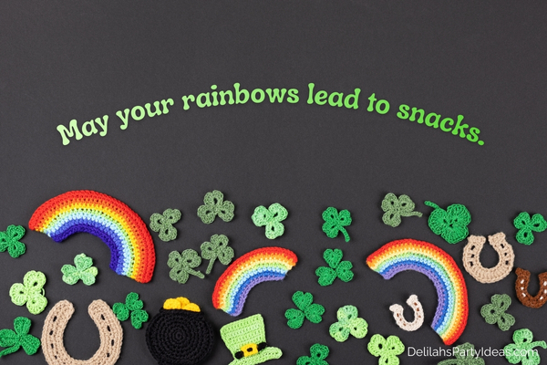 St Patrick Day background of knitted clover leaves, rainbows, horseshoe, with quote overlay