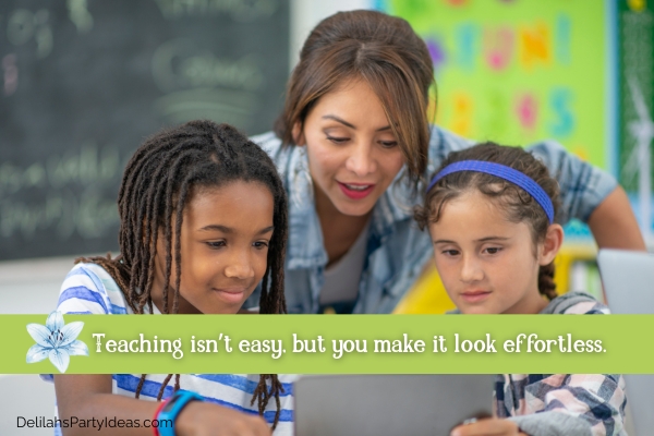 Woman teaching her 2 students in classroom, with quote overlay
