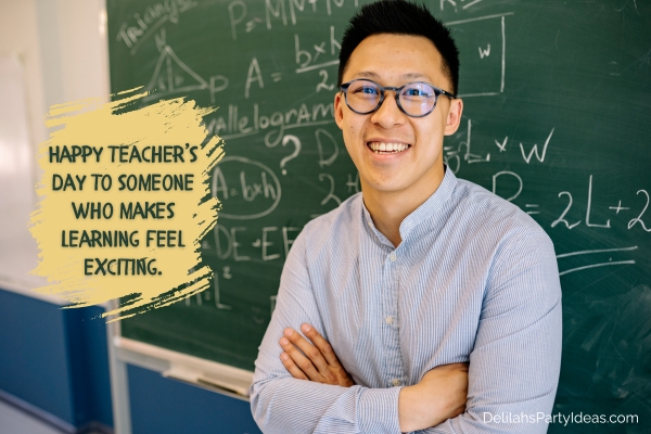 Male teacher standing in front of blackboard, with quote overlay