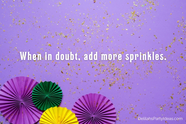 Purple background with gold confetti and venetian mask fan, with quote overlay