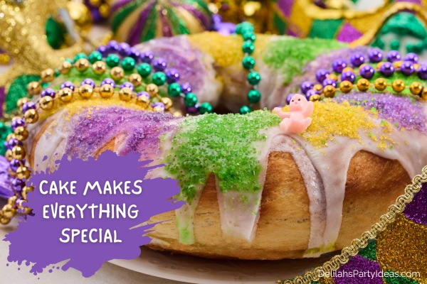 Mardi Gras king cake with quote overlay