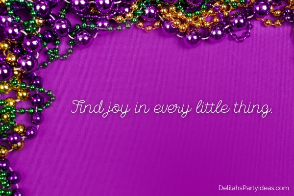 Mardi Gras background of colorful beads on purple with quote overlay