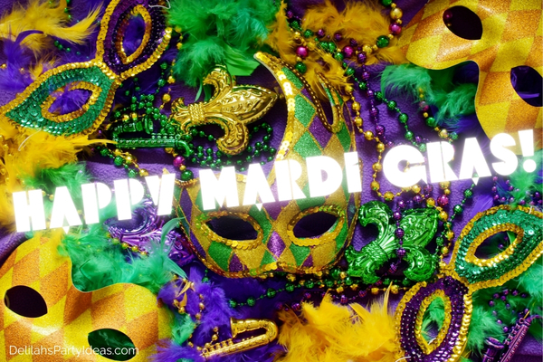 Mardi Gras masks and beads background with quote overlay