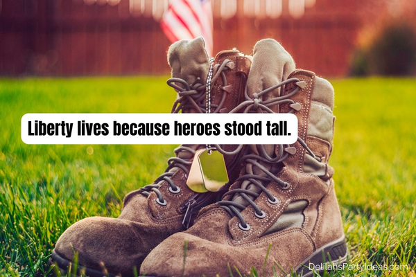 Military boots on green grass with quote overlay