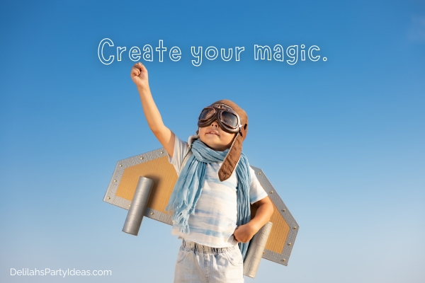 child with toy wings playing outside, with quote overlay