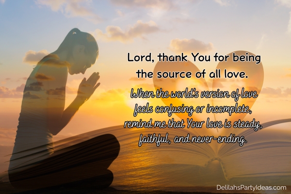 Silhouette of woman praying on sunset background, open bible, with prayer overlay