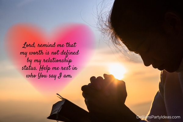 Silhouette of woman praying at sunset, with prayer overlay on gradient heart