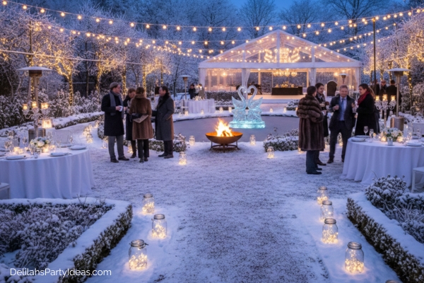 winter garden party decorated with string lights and glow jars along the path