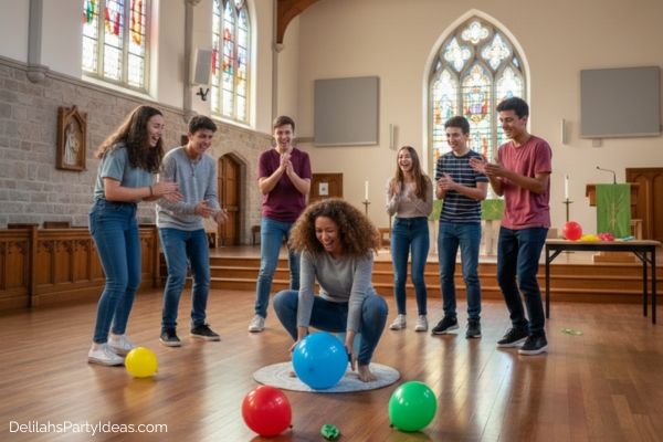 group of teens playing balloon pop trivia church game