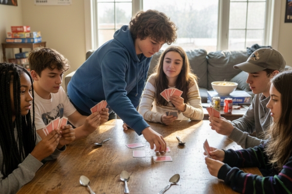Group of friends playing spoons card game