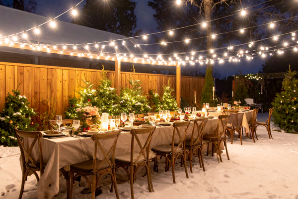 Backyard lit up with fairy lights