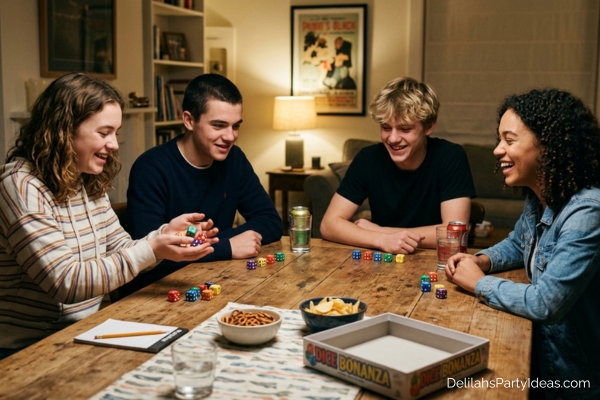 group of friends playing a dice game