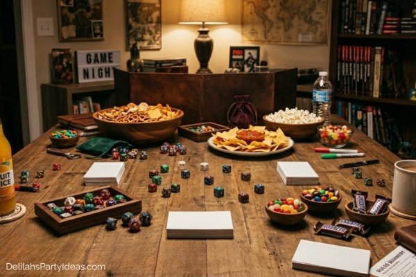 Game night table with dice, snacks, drinks
