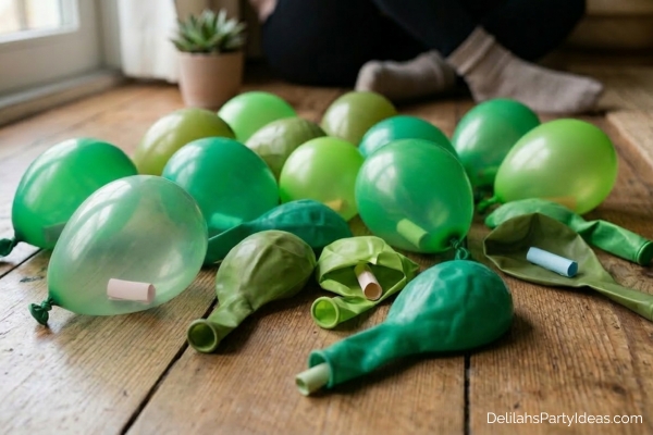 green balloons with rolled up paper inside