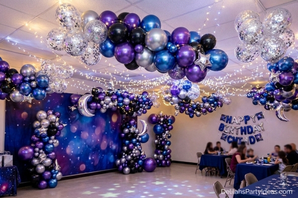 galaxy balloon clusters in purples, blues, silvers, blacks