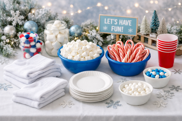 Party table with supplies for minute to win it games