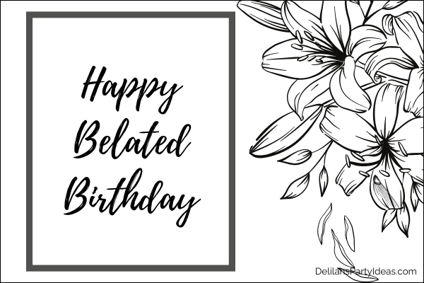 black and white illustration of flowers on the right, birthday wish on the left
