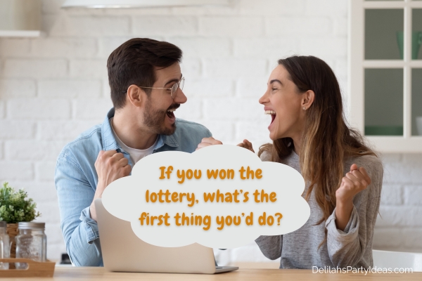 Couple celebrating with online lottery win with question overlay