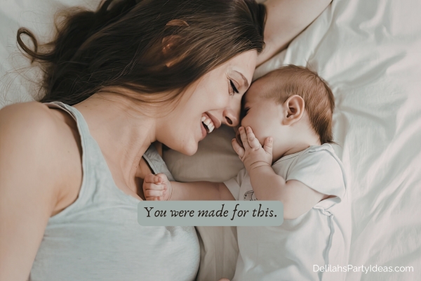 Mother and baby in bed with quote overlay