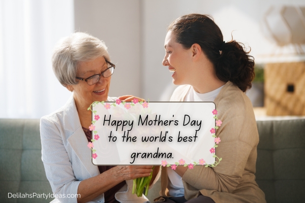 woman giving flowers to her grandma on Mother's Day with quote overlay