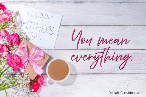 Mother's day background of card, flowers, gift, coffee, on wooden desk, with quote overlay