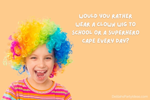 little girl in clown wig with question overlay