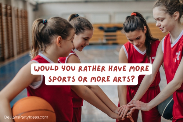 girls basketball team in school gym with question overlay