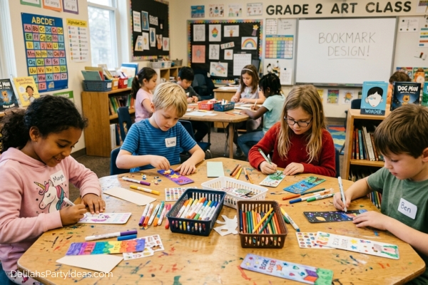 kids in classroom designing bookmarks
