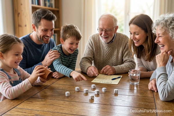 Family enjoying a game of Farkle dice game