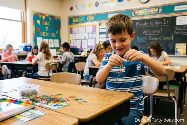 boy in classroom making a chain out of paperclips