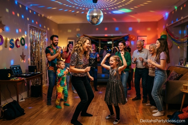 adults and kids dancing at a disco themed party