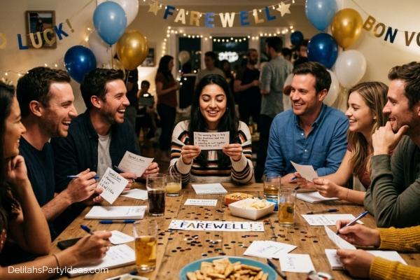 friends at a farewell party playing the Two Truths and a Life game