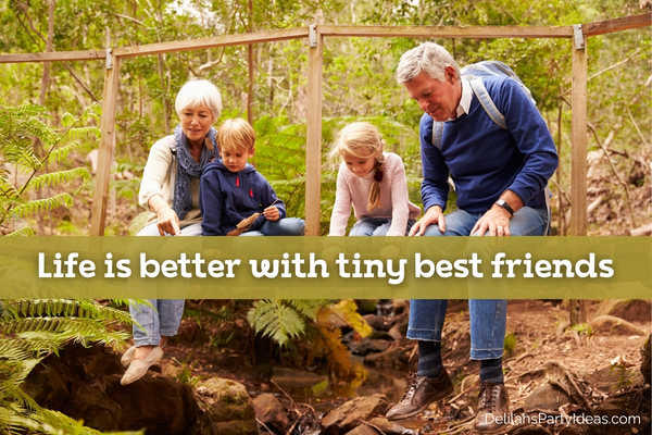 Grandparents with grandkids sitting on a bridge in a forest, with quote overlay