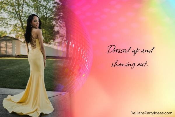 Teenage girl wearing long yellow dress for prom with caption overlay on colorful disco background