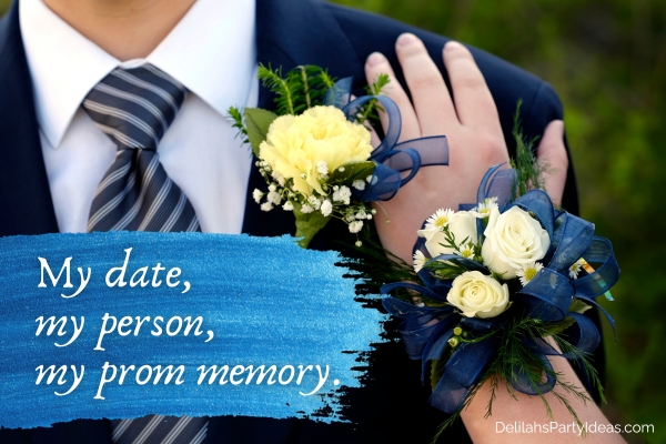man wearing a tuxedo with corsage with a lady's hand with corsage on top of man's chest with caption overlay