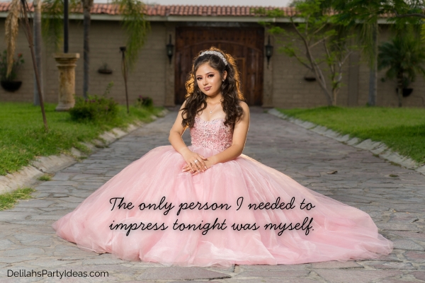 beautiful girl wearing a pink dress for prom with caption overlay
