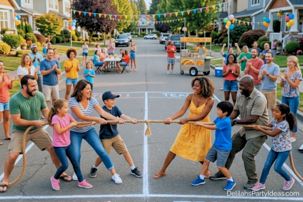 2 families in a game of tug of war in a block party
