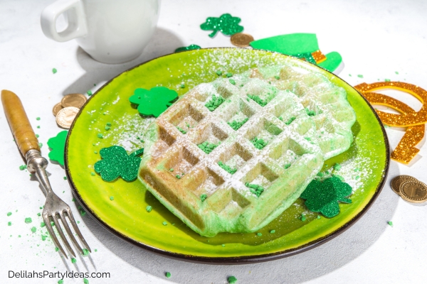 green waffles for a St. Patricks Day themed breakfast