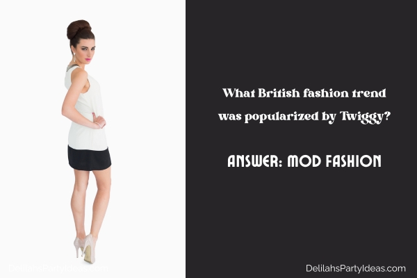 woman wearing mod fashion with trivia question and answer on the right