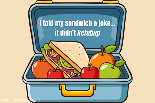 Illustration of a lunchbox filled with sandwich and fruits, with joke overlay